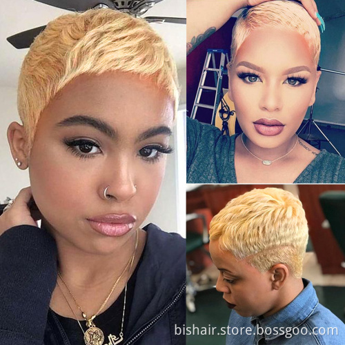 Wholesale Short Pixie Cut Straight Remy Brazilian Human Hair for Black Women Machine Made Highlight Color Cheap Glueless Wig